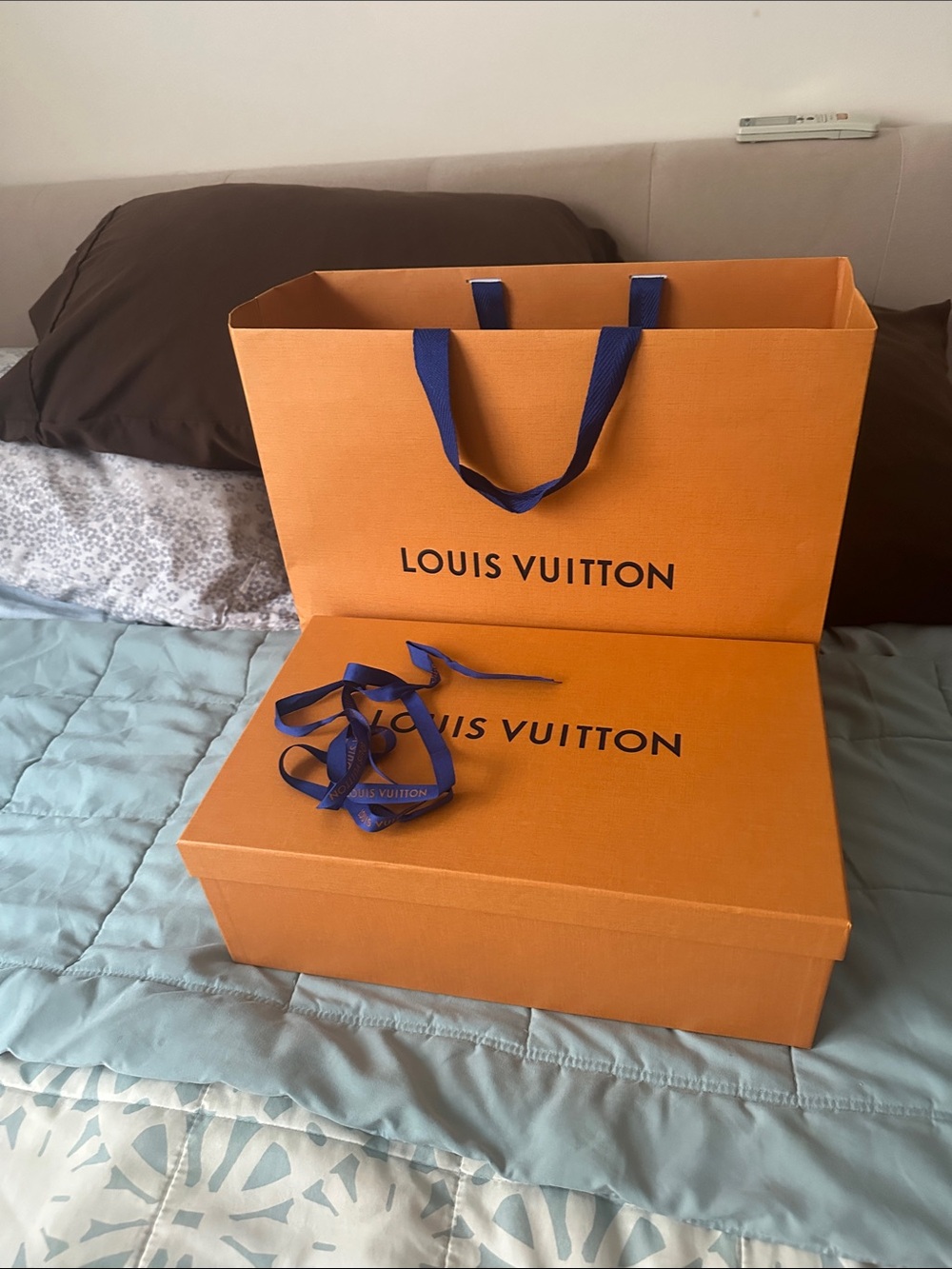 Empty Louis Vuitton box with shopping bag & ribbon